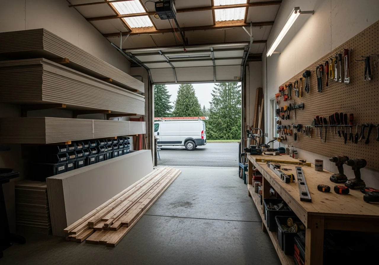General contractor workspace with tools and materials organized for residential remodeling projects.