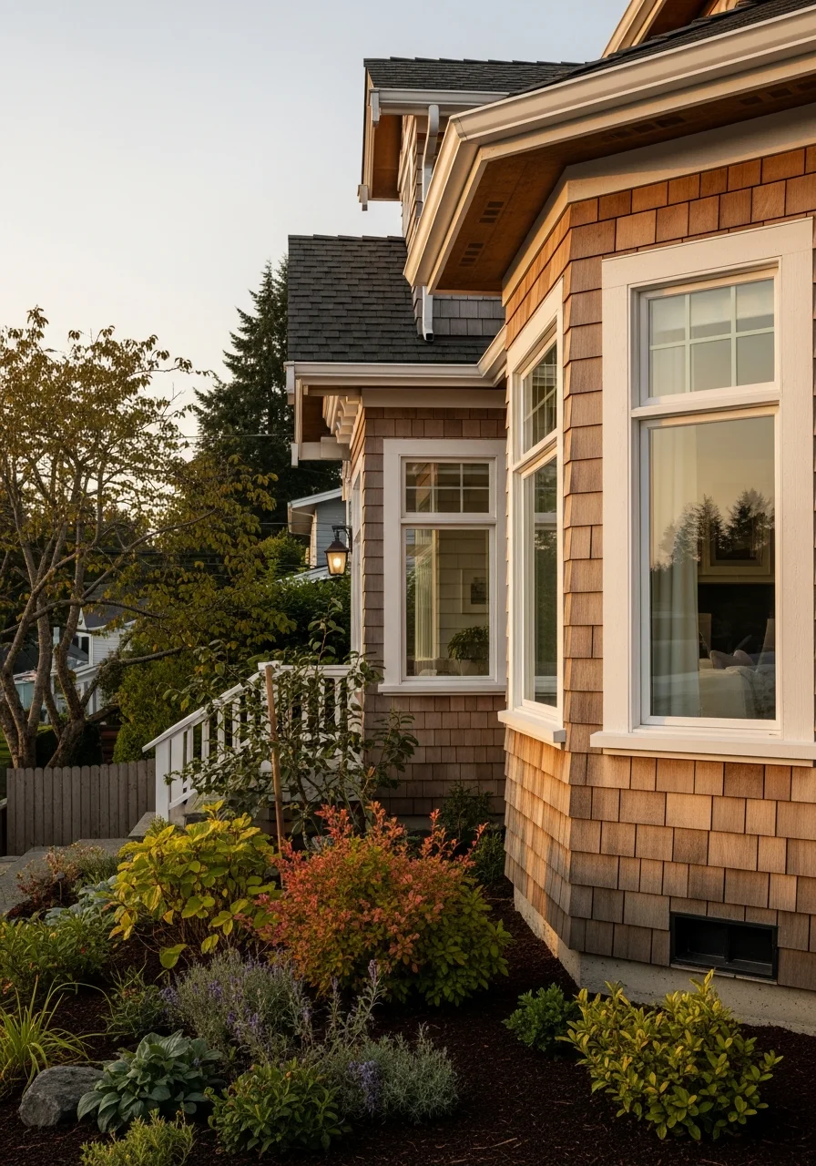 Close-up of a Kirkland home exterior showing architectural detail and landscaping typical of the area's established neighborhoods.