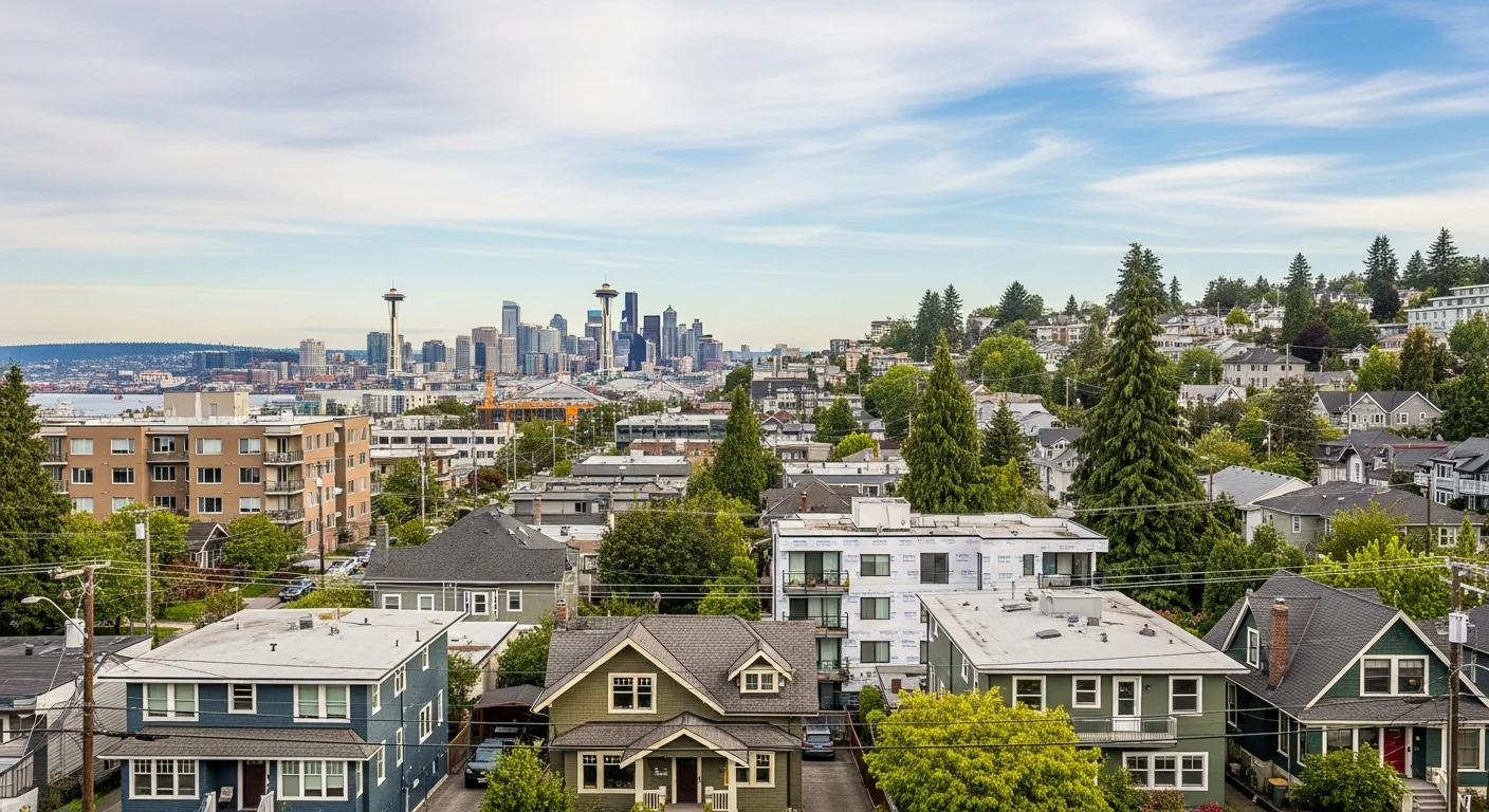 Wide view of Seattle skyline with residential neighborhoods in foreground, showing mix of single-family homes and multi-story buildings typical of the city.