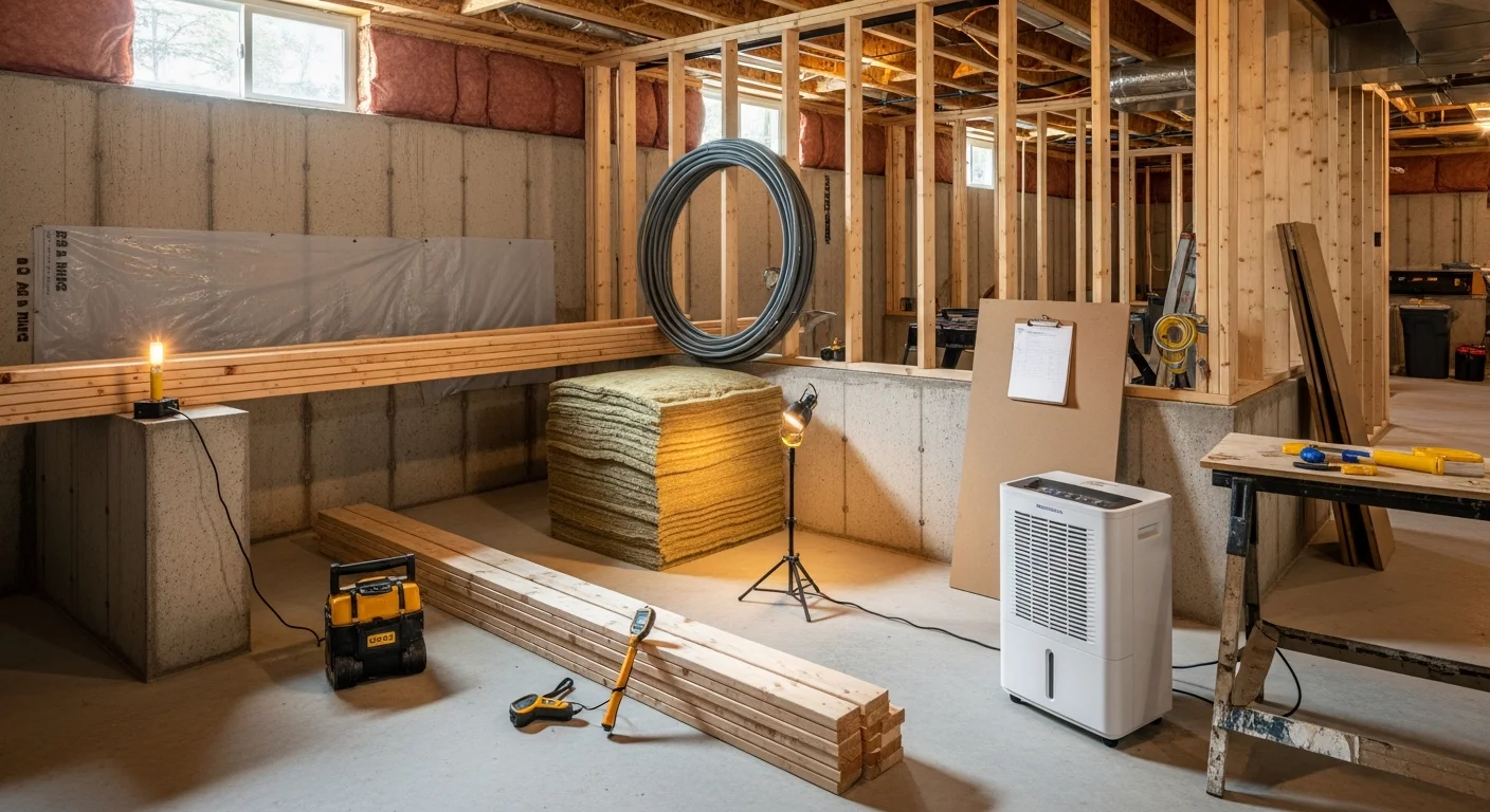 A finished basement in a Seattle home showing framed drywall walls, recessed lighting, and moisture-resistant flooring in a converted living space. The room is set up as a home office with natural light from an egress window along the exterior wall.