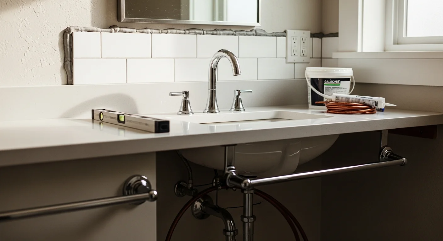 A newly installed bathroom sink, faucet, and toilet in a Seattle home, with clean tile surrounds and updated supply line connections visible beneath the vanity. The compact bathroom layout reflects the older Craftsman-style housing common across Seattle neighborhoods.