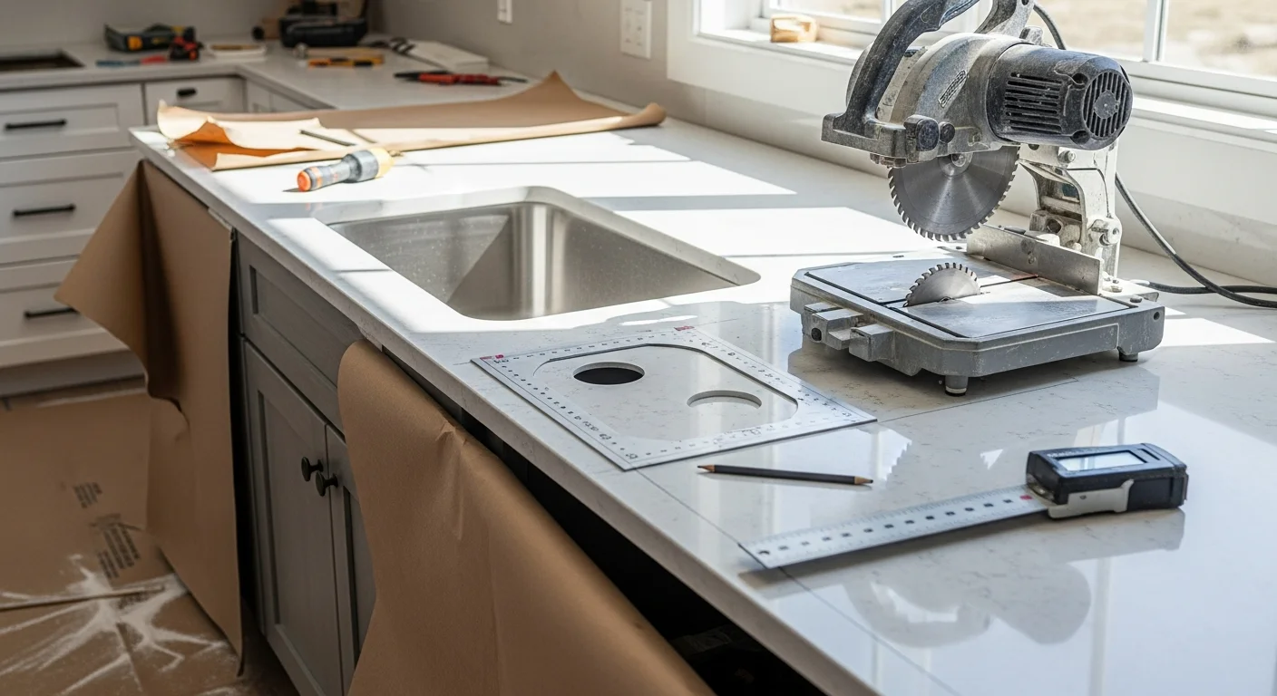 Newly installed stone countertop on white shaker cabinets in a Seattle kitchen remodel, with an undermount sink and clean edge profile. The surface runs along a window wall typical of Pacific Northwest residential kitchens.