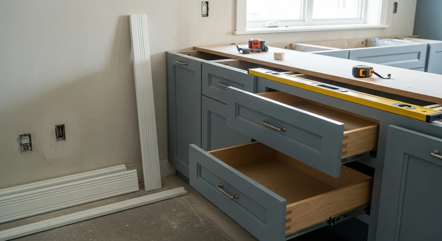 Newly installed custom kitchen cabinets in a Seattle home, showing floor-to-ceiling shaker-style uppers and lowers with soft-close hardware and tight, even reveals throughout. The layout includes a deep drawer base section and coordinated filler panels fitted against a slightly angled wall typical of older Pacific Northwest construction.