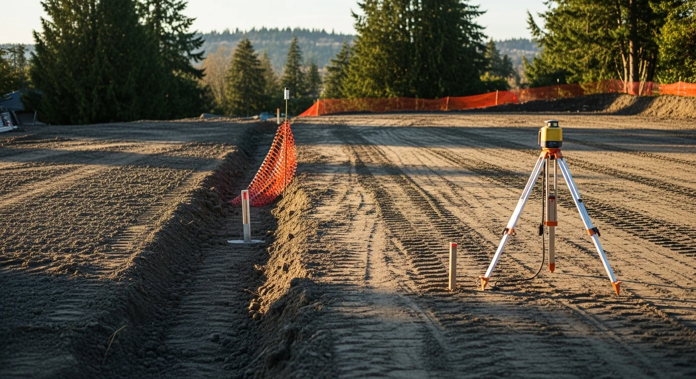 A residential building lot in Seattle with freshly graded soil, a level excavated foundation pad, and erosion control barriers along the site perimeter. Heavy equipment tracks are visible across the compacted subgrade, with surrounding evergreen trees in the background.